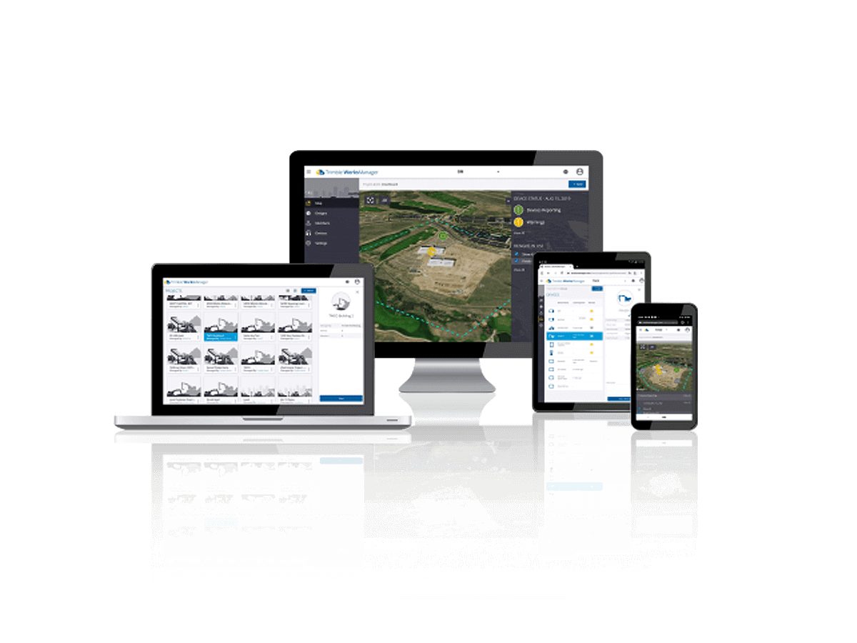 Trimble WorksManager Software available on computers, laptops, tablets, and mobile devices.