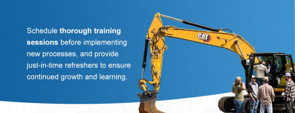 Cat equipment with people standing around next to a description about scheduling training